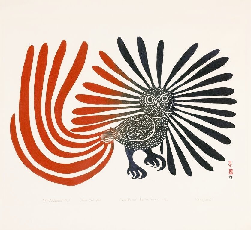 The Enchanted Owl, 1960, stone cut print by Inuk artist Kenojuac Ashevak #WomensArt