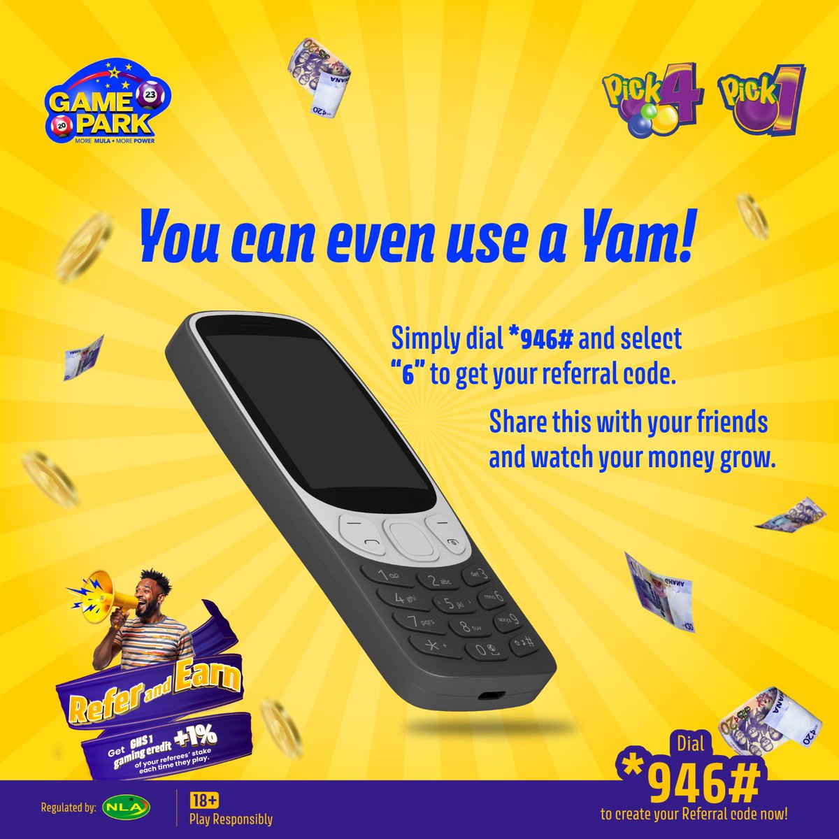 Share your code with your network and earn GHS 1 gaming credit with each referral, plus 1% of their stake in cash every time they play. You'll also earn 0.025% from the people your friends sign up.

Dial *946# and select "6" to get your referral code now!

#gamepark #GamePark