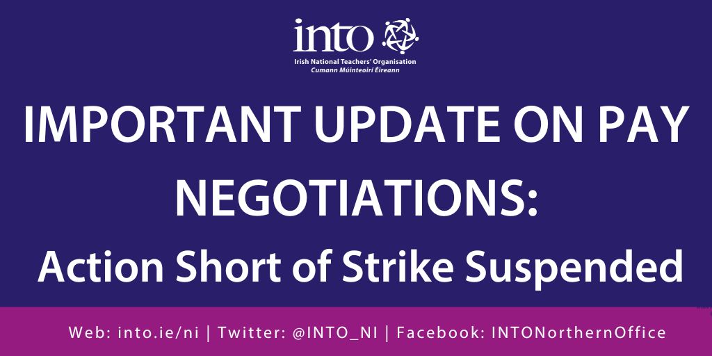 Dear Member, INTO, along with the other teaching unions, has agreed to suspend the implementation of action short of strike action for a period of four weeks in an effort to successfully conclude negotiations. Please click on link for full details into.ie/2025/01/10/mem…