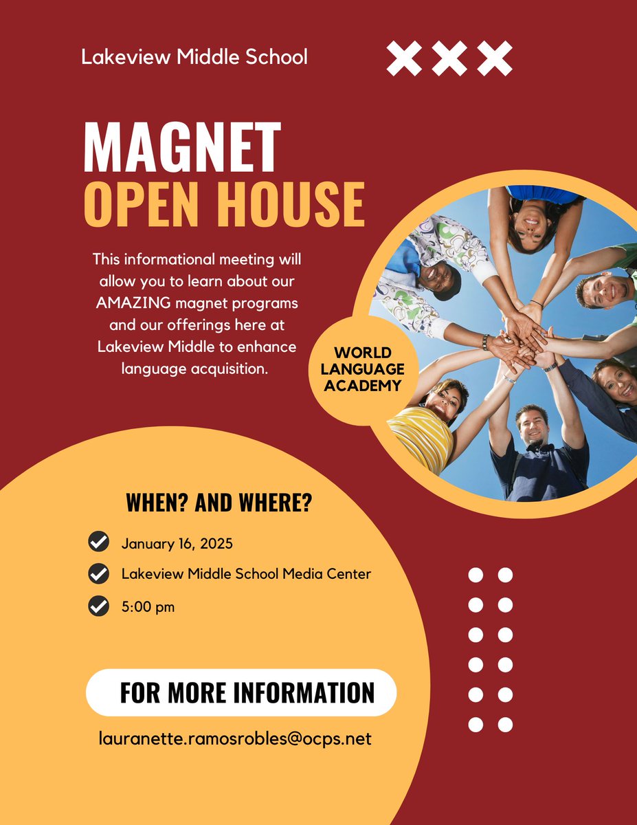 OCPS Families-
Thursday, January 16th at 5 pm Lakeview Middle School will be having a MAGNET OPEN HOUSE. Lakeview offers the World Language Academy Magnet for students and students may apply now at: ocps.net/departments/sc… 
 Please contact the school if you have any questions.