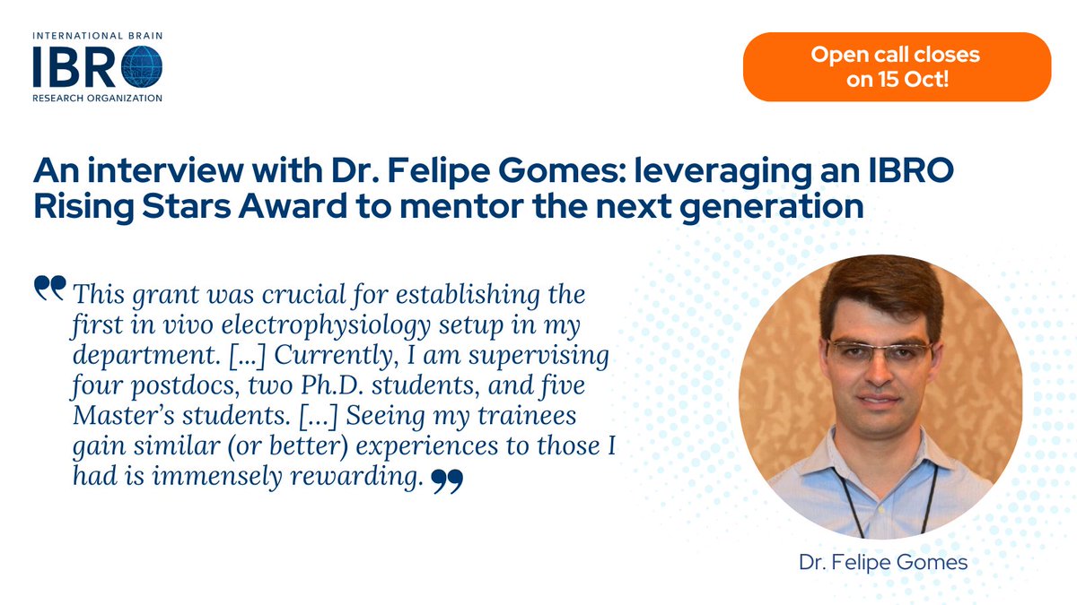 IBRO - International Brain Research Organization (@ibroorg) on Twitter photo Learn how an IBRO Rising Stars Award supported Dr. Felipe Gomes to establish his lab in Brazil 🇧🇷. Join him and apply by 15 Apr 2025!
🔗 Read more: ow.ly/wA9w50UrNNE
<a href="/dr_gomesfv/">Felipe V. Gomes</a> Learn how an IBRO Rising Stars Award supported Dr. Felipe Gomes to establish his lab in Brazil 🇧🇷. Join him and apply by 15 Apr 2025!
🔗 Read more: ow.ly/wA9w50UrNNE
<a href="/dr_gomesfv/">Felipe V. Gomes</a>