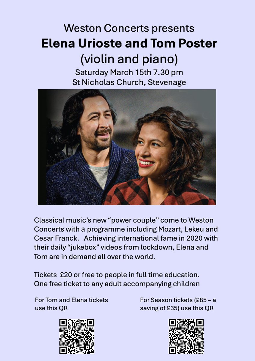 Our first concert of 2025 is a gem. We welcome the wonderful <a href="/ElenaUrioste/">Elena Urioste</a> and <a href="/PosterTom/">Tom Poster</a> so get booking now and consider buying a season ticket to all 6 of our concerts and save yourself £35. See details at westonmusicsociety.org.uk