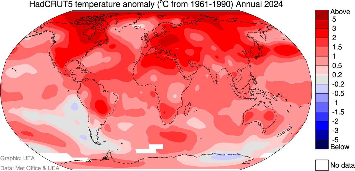 2024 has recorded the highest temperature in any year since 1850, with the global temperature being 1.53°C above the 1850-1900 global average. 🌍🧪

#ThisIsUEA #GlobalWarming #GlobalTemperatures