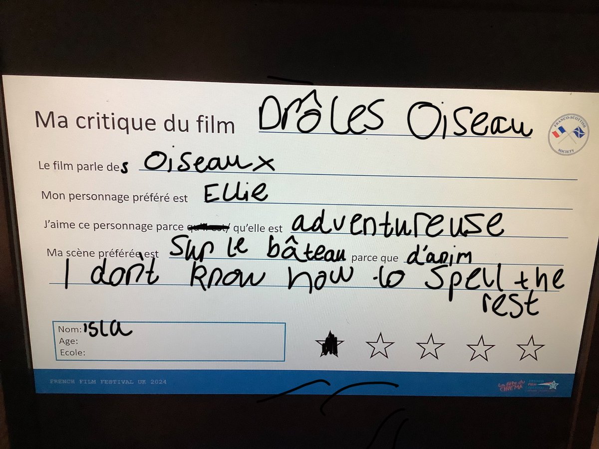 MrsAshcroftanto's tweet photo. P7 completed their film review from the French film festival @ifru_london @falkirk1plus2 Fantastique! We watched drôles oiseaux https://t.co/kte6HPFct4