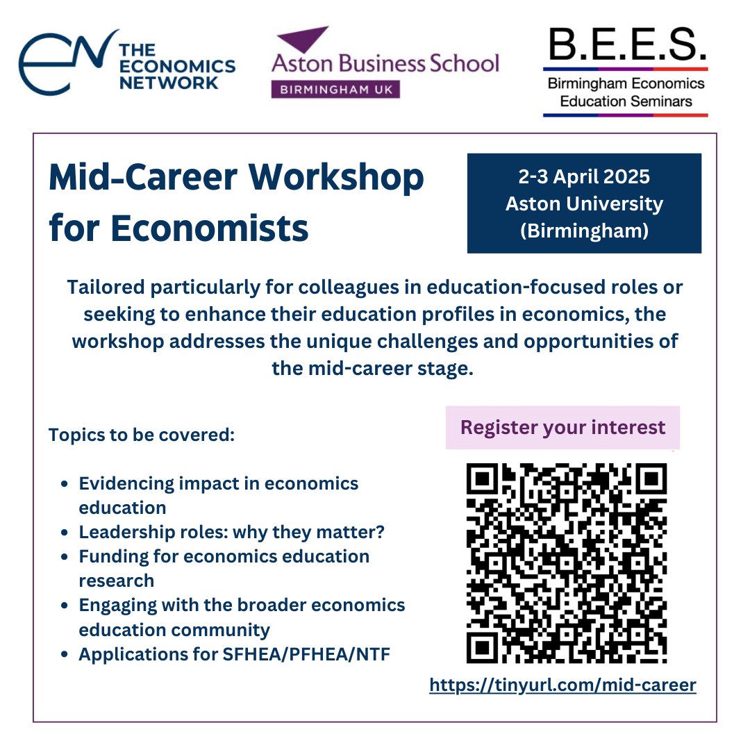 RoyalEconSoc's tweet image. @economics_net in collaboration with @AstonUniversity and BEES is organising the first Mid-Career Workshop for Academic Economists.

🗓️2–3 April 2025 
📍 @AstonBusiness Birmingham
⏰Expression of interest: 23 Jan 2025
👉tinyurl.com/mid-career

#EconWorkshop #EconTwitter