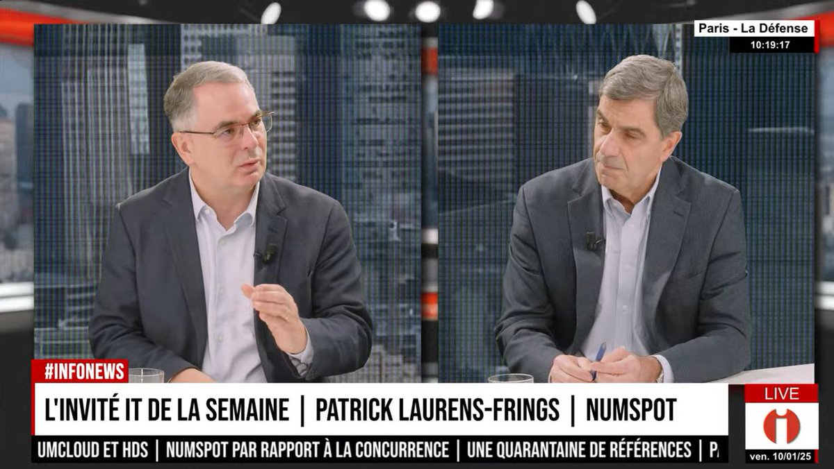 [En direct 🔴] 

Patrick LAURENS-FRINGS, Directeur général de #NumSpot est "L’invité IT de la semaine" sur le plateau d'<a href="/InformatiqNews/">InformatiqueNews</a>. 👇

youtube.com/watch?v=A6AJSt…

#Cloud #IT