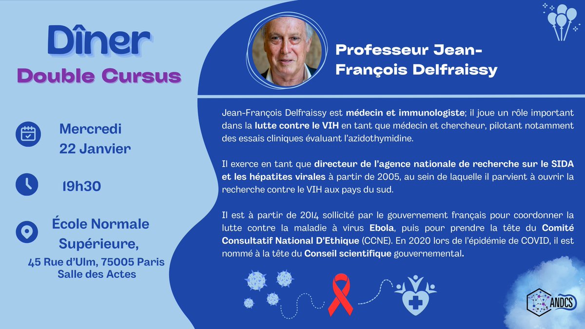 ANDCS (@andcs_asso) on Twitter photo 👨🔬Nous avons le plaisir d'accueillir lors du prochain dîner double cursus le Pr. Jean-François Delfraissy <a href="/SeadAman6/">Dr. Jean-François Delfraissy</a>, médecin et spécialiste du VIH ayant occupé des postes de direction à l'<a href="/agenceANRS/">ANRS Maladies infectieuses émergentes</a> et à l'<a href="/Inserm/">Inserm</a>, ainsi qu'au CCNE ou au conseil scientifique. 👨🔬Nous avons le plaisir d'accueillir lors du prochain dîner double cursus le Pr. Jean-François Delfraissy <a href="/SeadAman6/">Dr. Jean-François Delfraissy</a>, médecin et spécialiste du VIH ayant occupé des postes de direction à l'<a href="/agenceANRS/">ANRS Maladies infectieuses émergentes</a> et à l'<a href="/Inserm/">Inserm</a>, ainsi qu'au CCNE ou au conseil scientifique.