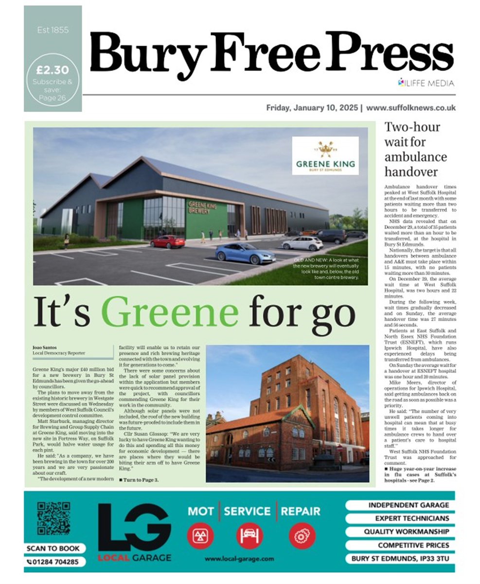 Barry Peters (@barryjohnpeters) on Twitter photo Today's <a href="/buryfree/">Bury Free Press</a> has <a href="/greeneking/">Greene King</a> new brewery latest, ambulance delays, long-service awards at <a href="/WestSuffolkNHS/">West Suffolk NHS FT 🏳️🌈</a> plus a ballet star in his 90s with a shiny new OBE. Worrying news, too, of a huge year-on-year rise in flu cases #news #burystedmunds Today's <a href="/buryfree/">Bury Free Press</a> has <a href="/greeneking/">Greene King</a> new brewery latest, ambulance delays, long-service awards at <a href="/WestSuffolkNHS/">West Suffolk NHS FT 🏳️🌈</a> plus a ballet star in his 90s with a shiny new OBE. Worrying news, too, of a huge year-on-year rise in flu cases #news #burystedmunds