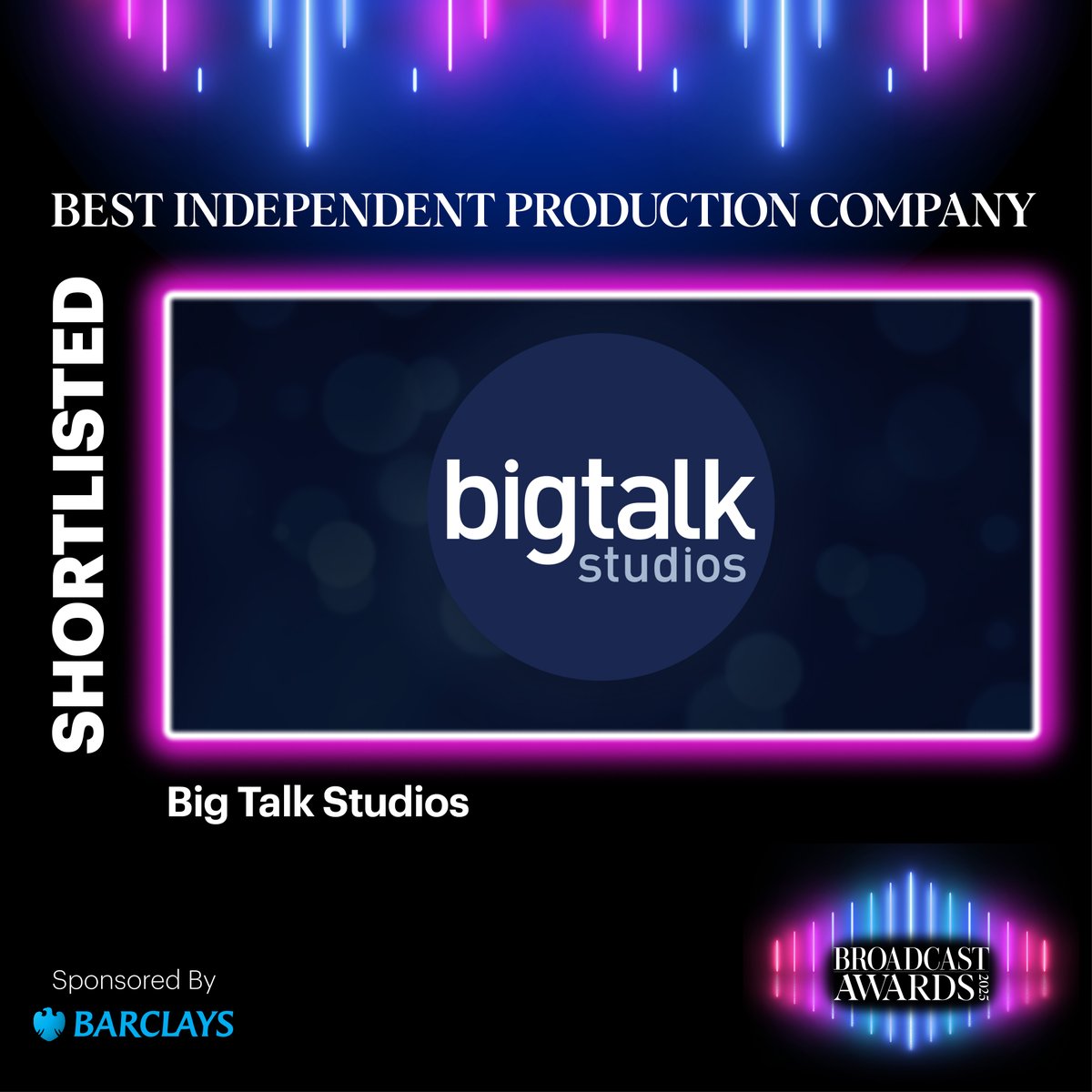 Broadcast Awards (@broadcastawards) on Twitter photo Shortlisted for Best Independent Production Company (sponsored by <a href="/BarclaysUK/">Barclays UK</a>) is: <a href="/BigTalk/">Big Talk Studios</a> Studios bit.ly/BA25Shortlist #BA2025 Shortlisted for Best Independent Production Company (sponsored by <a href="/BarclaysUK/">Barclays UK</a>) is: <a href="/BigTalk/">Big Talk Studios</a> Studios bit.ly/BA25Shortlist #BA2025