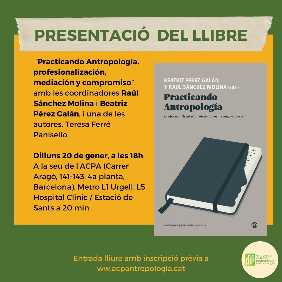 🟢Vine a la presentació de "Practicando Antropología, Profesionalización, mediación y compromiso", una obra imprescindible en l'aplicació pràctica de la disciplina. 

📍20 de gener a les 18:00h, a la seu de l'ACPA 

Entrada lliure, inscriu-te: forms.gle/qSsQS5MkcpFP3N…