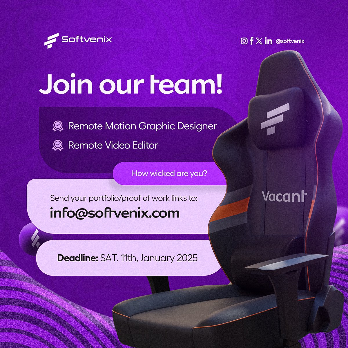 SoftVenix's tweet image. How wicked are you? 😎 — Tell a friend to tell another friend!
.
.
.
#Softvenix #DigitalAgency #MotionGraphicsDesigner #VideoEditor #Vacancy #JobHunt #GraphicsDesigner #Graphicsdesign #WebDevelopment #VideoEditing #ContentProduction l