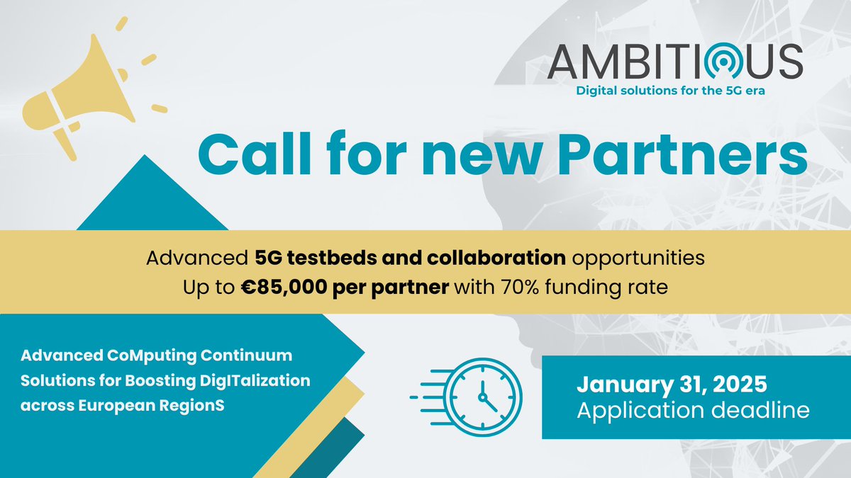 🤝SMEs: Join the <a href="/eu_ambitious/">AMBITIOUS Project</a> Partner Extension! 

Collaborate on #AI, #5G &amp; #IoT innovations, access 5G testbed, and shape smart solutions in various sectors! 

💶 Funding: Up to €59,500 (70% of €85,000 total costs).

🗓 Apply by 31 Jan 2025! #ECCP👇
clustercollaboration.eu/content/ambiti…