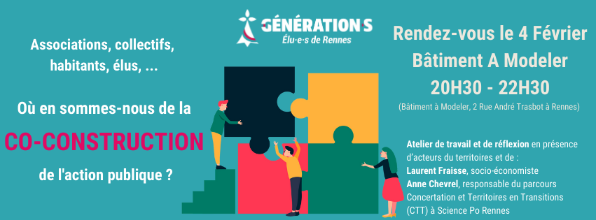 Atelier #2 : "Associations, collectifs, habitants, élus, où en sommes-nous de la co-contruction de l'action publique à Rennes et sur la métropole ?"
Ouvert à toutes et à tous !