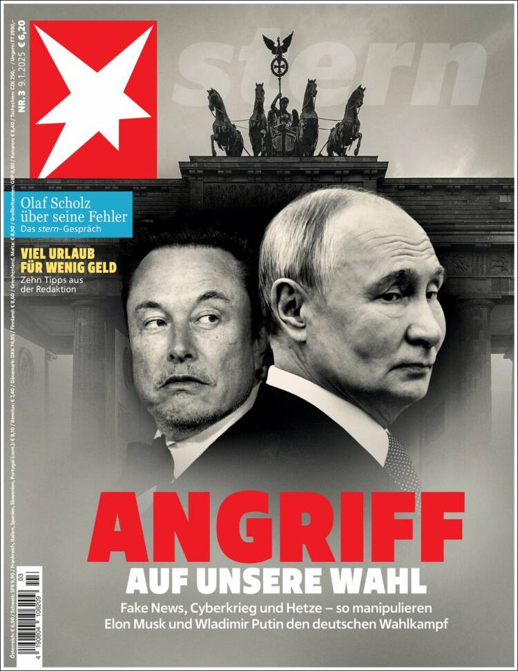 FabienCazenave's tweet photo. Revue de presse européenne du vendredi 10 janvier 2025 #EUpress 
- Le magazine Stern résume bien le sentiment en Allemagne d'être agressé à l'Est par Poutine et à l'Ouest par Musk avec le titre "Attaque contre notre élection" https://t.co/evtmV9xOjp