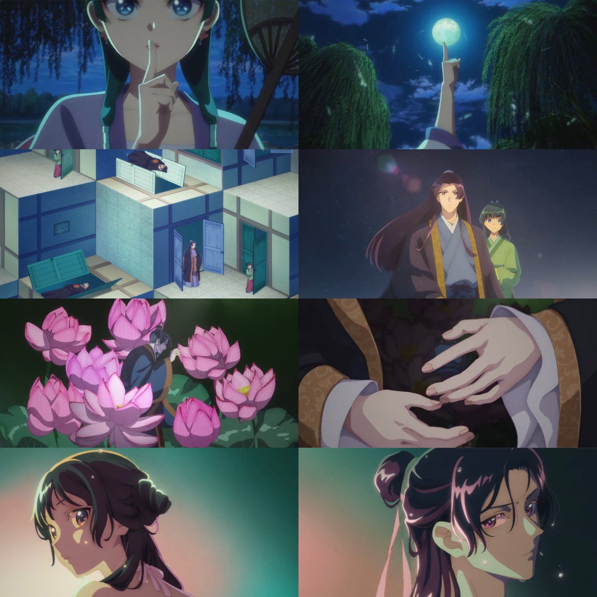 keiuzuki's tweet photo. The Apothecary Diaries OP had plot references of:

Moon Fairy Dance 🦋
The Shrine of the Choosing 🚪
Former Emperor / Empress Dowager Anshi 🖼️
Frog scene 🐸 https://t.co/0H28uJldHs