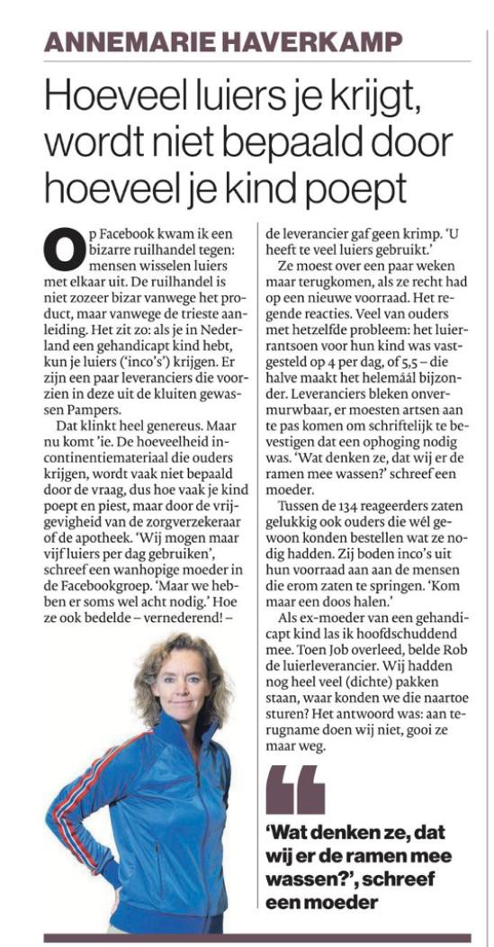 Absurd: gehandicapte kinderen krijgen vijf luiers per dag vergoed, terwijl ze er soms wel acht nodig hebben. Ouders moeten bij de leverancier bedelen om meer, maar stuiten op een keiharde nee. 'U heeft te veel luiers gebruikt.'