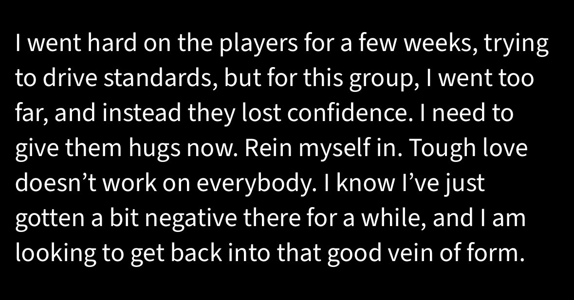 I love how transparent ROG is here. Pretty sure every coach has been in this position before, but nobody admits it. The good ones know that the trick is to “give the hugs”, and take the foot off the players for a little bit. #coaching