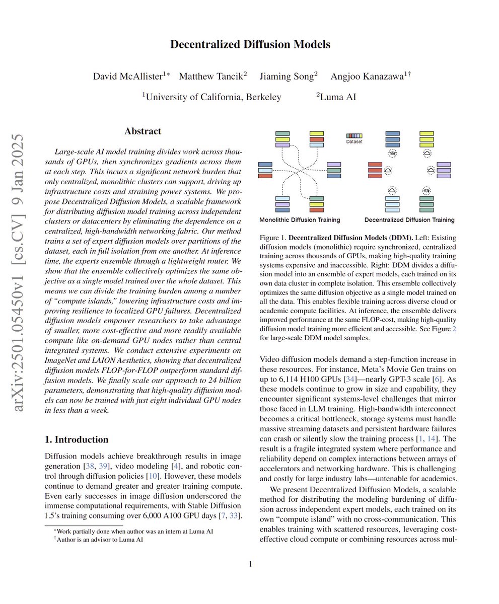 Decentralized Diffusion Models

UC Berkeley and Luma AI introduce Decentralized Diffusion Models, a way to train diffusion models on decentralized compute with no communication between nodes.

Leveraging the associative property of the marginal flow (due to it being a linear