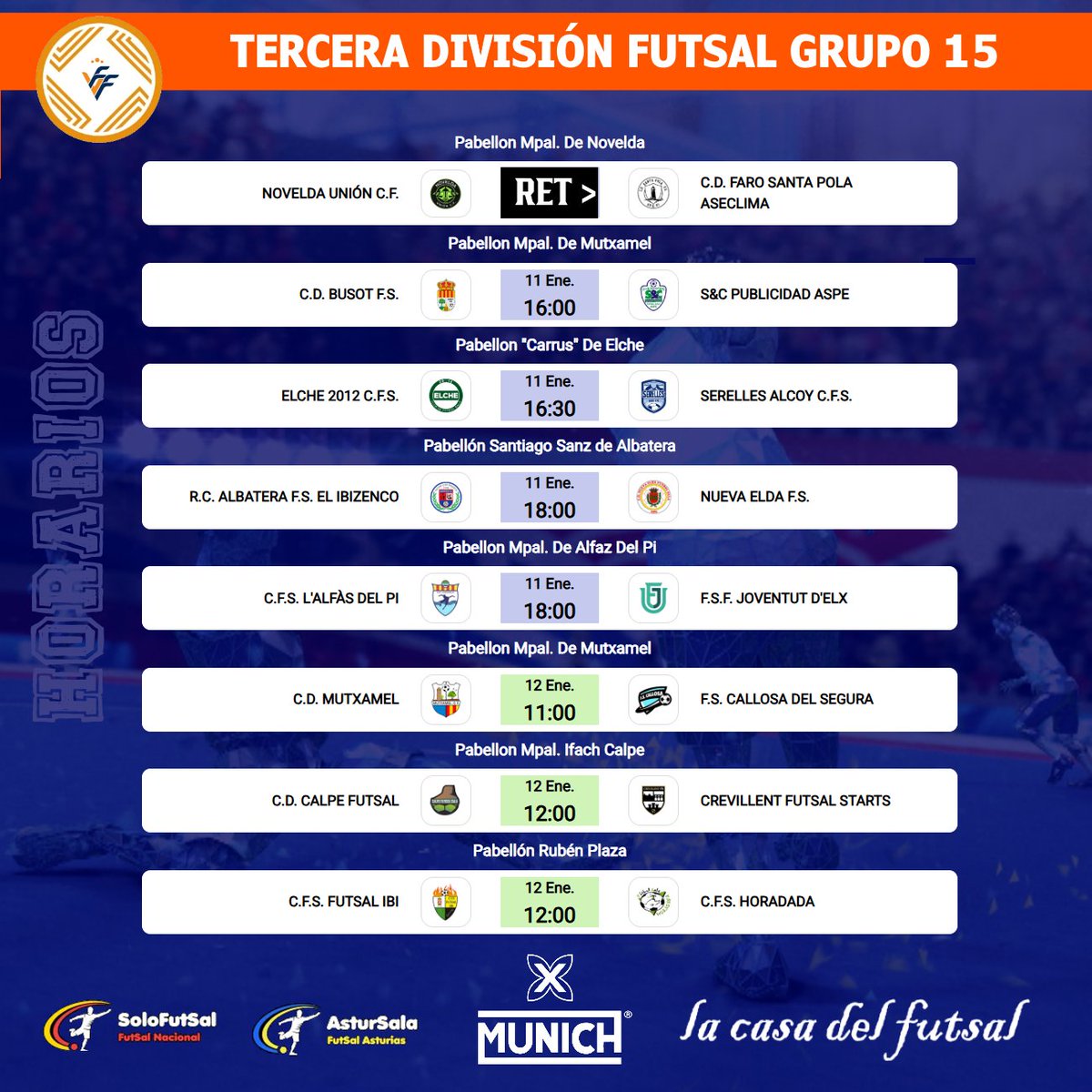 Solo-FutSal (@solofutsal_) on Twitter photo 🟧 3⃣ª DIVISIÓN FUTSAL - GRUPO 1⃣5⃣
📆 14ª JORNADA /⏰HORARIOS
✍️ Consulta los horarios de la jornada
📎 solo-futsal.es/tercera-divisi…
🔀 Visita los perfiles de los equipos de la categoría
<a href="/FutsalHoradada/">futbol sala Horadada</a> <a href="/Joventutdelx/">Joventut d'Elx FS💚⚽️</a> <a href="/nuevaeldafutsal/">CD Nueva Elda FS</a> <a href="/FutsalIbi/">Futsal Ibi</a> <a href="/AspeFutbolSala/">Aspe S&C Fútbol Sala</a> @CFSLAlfas 🟧 3⃣ª DIVISIÓN FUTSAL - GRUPO 1⃣5⃣
📆 14ª JORNADA /⏰HORARIOS
✍️ Consulta los horarios de la jornada
📎 solo-futsal.es/tercera-divisi…
🔀 Visita los perfiles de los equipos de la categoría
<a href="/FutsalHoradada/">futbol sala Horadada</a> <a href="/Joventutdelx/">Joventut d'Elx FS💚⚽️</a> <a href="/nuevaeldafutsal/">CD Nueva Elda FS</a> <a href="/FutsalIbi/">Futsal Ibi</a> <a href="/AspeFutbolSala/">Aspe S&C Fútbol Sala</a> @CFSLAlfas