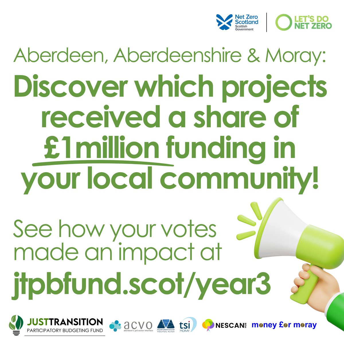 🌱 #JTPBFund Year 3 projects have been announced!

♻️ Thanks to your votes 46 eco-friendly initiatives across #Aberdeen, #Aberdeenshire &amp; #Moray will share £1million to help achieve Scotland’s net-zero goals!

🔗 See the full list at jtpbfund.scot/year3

#LetsDoNetZero