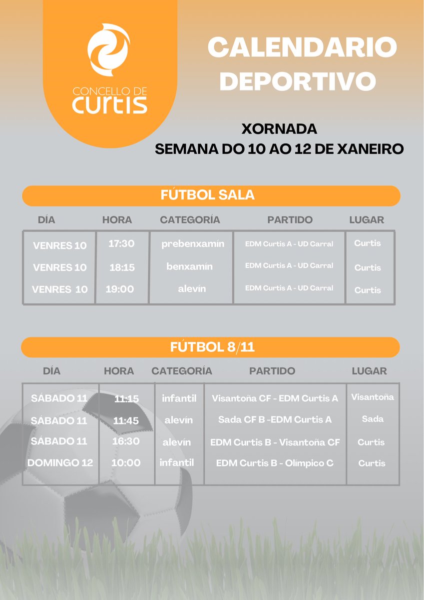 ⚽️Calendario deportivo desta fin de semana 

🙌Acompáñanos e disfruta dunha fin de semana cargada de emoción, traballo en equipo e pasión polo deporte!   

Aquí che deixamos todos os horarios ⬇️
