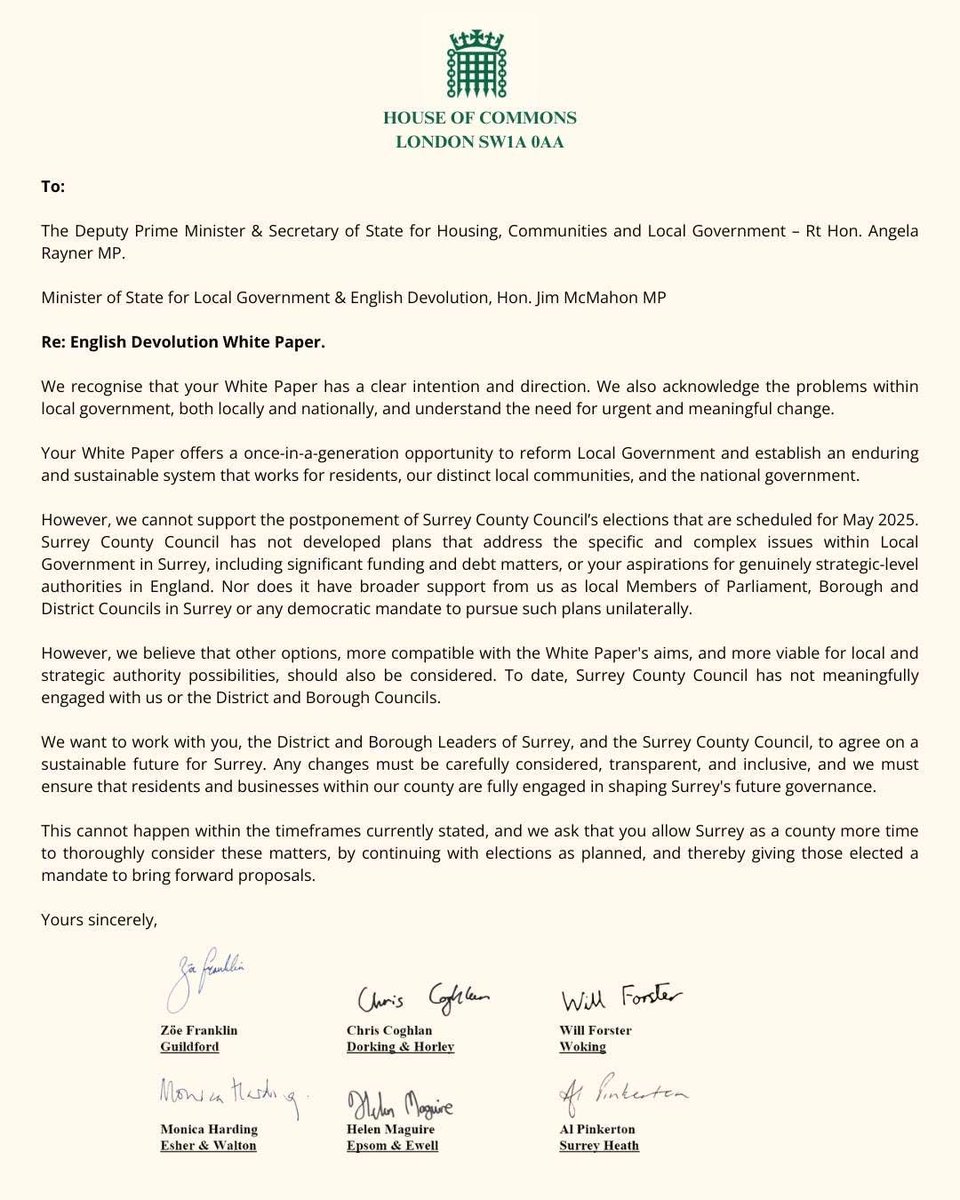 ZoeFranklinLD's tweet photo. Alongside my 5 Surrey Liberal Democrat MP colleagues, I have written to the Government to express my concern about Surrey County Council’s plans to postpone the May elections. https://t.co/EFBGgLVofr
