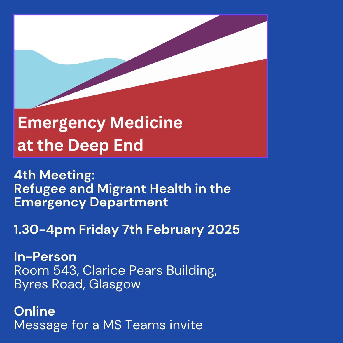 Emergency Medicine at the Deep End (@ematthedeepend) on Twitter photo We're pleased to share an invite to the next meeting of <a href="/EMAtTheDeepEnd/">Emergency Medicine at the Deep End</a> - focussing on refugee and migrant health in the ED. We have a great range of speakers lined up, with a diversity of experience across emergency care.
Invites out soon to our mailing list, or DM for a link We're pleased to share an invite to the next meeting of <a href="/EMAtTheDeepEnd/">Emergency Medicine at the Deep End</a> - focussing on refugee and migrant health in the ED. We have a great range of speakers lined up, with a diversity of experience across emergency care.
Invites out soon to our mailing list, or DM for a link