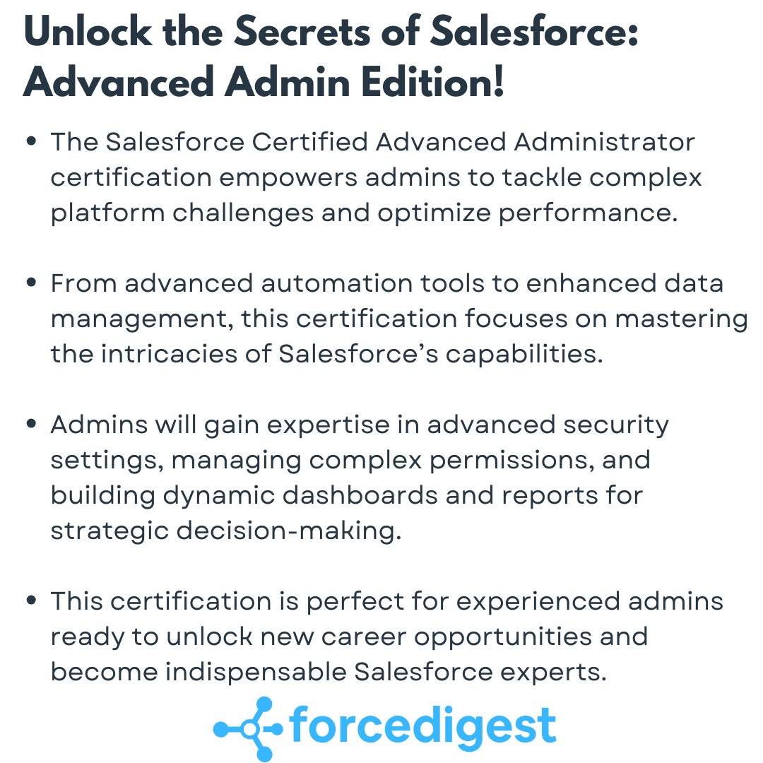 ForceDigest's tweet image. Unlock the Secrets of Salesforce: Advanced Admin Edition!

Master advanced Salesforce skills like automation and data management. 🚀 Optimize performance and unlock career growth as an Advanced Admin! 🌟

#SalesforceAdmin #AdvancedAdmin #SalesforceCertification #CareerGrowth