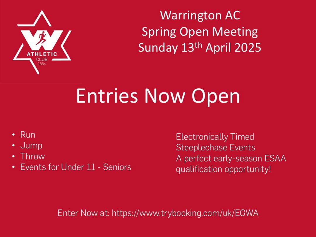 Entries are now open for our Warrington AC Spring Open Meeting! Join us on Sunday 13th April at Victoria Park for a great season opener. Entries will fill up fast so enter now to secure your place at trybooking.com/uk/EGWA