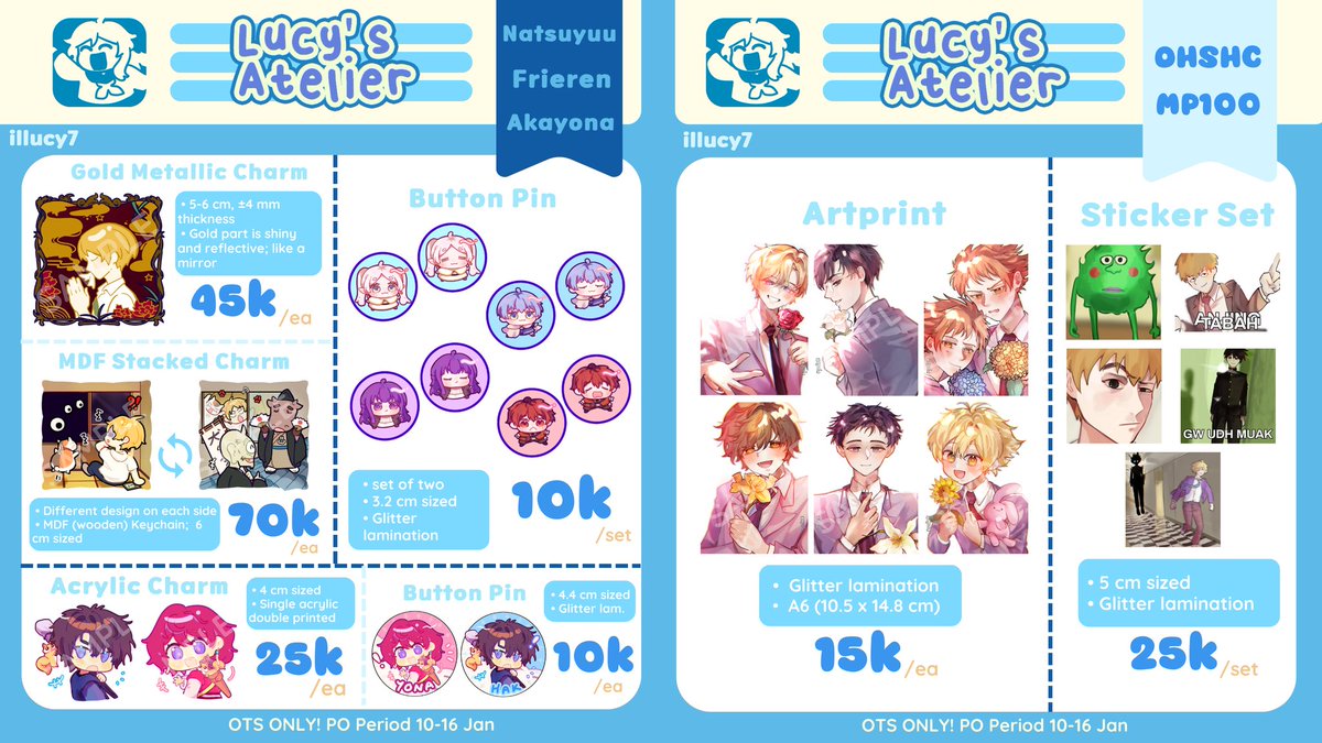 illucy7's tweet photo. ✦ COCOMA 2 PO CATALOGUE ✦
📆 PO Period: 10 -16 Feb 25
❌ NO MAIL ORDER &amp; BATCH 2 PO!
📍Dian Ballroom Mall Ciputra Jakarta, 8 Feb 25
⭐ Booth "Lucy's Atelier" E-21
🖇 ALNST, Natsuyuu, Frieren, OHSHC, Akayona, MP100 https://t.co/E3z7ZraRVc