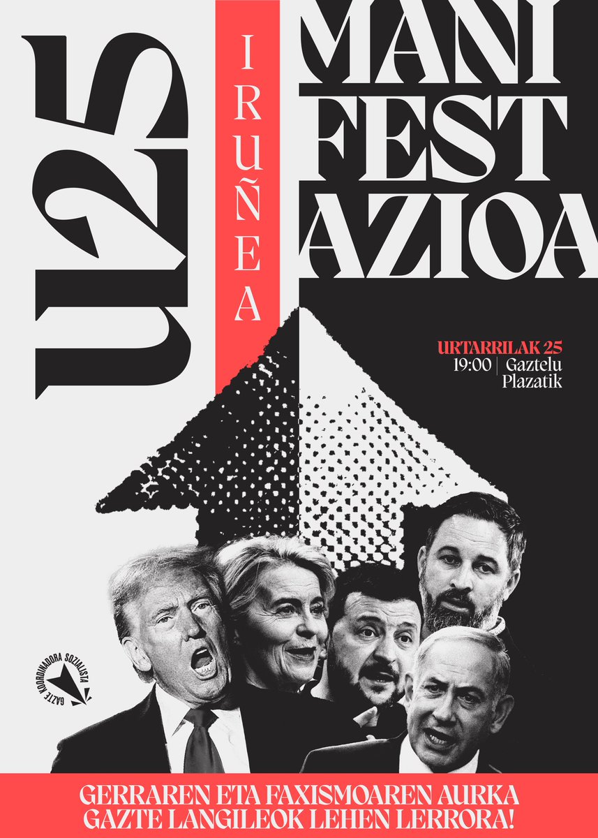 ➡️ Urtarrilaren 25ean manifestazioak egingo ditugu Bilbon eta Iruñean. 

Euskal Herrian agenda belizista eta faxismoa normalizatu ez daitezen, gazte langileok lehen lerroan egon behar dugu. 

Gerraren eta faxismoaren aurka gazte langileok lehen lerrora!

#U25Mobilizatu