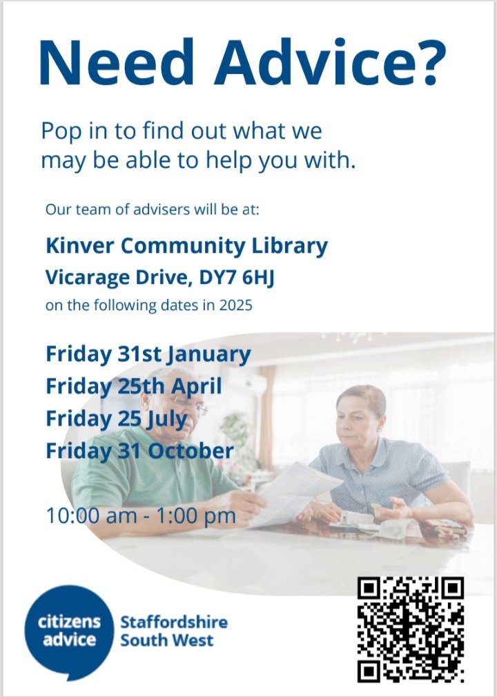 KinverLibrary's tweet image. We&apos;re pleased to confirm that regular quarterly drop-in sessions will be offered at the library by @CitizensA_SSW throughout this year, starting on 31st January, 10am-1pm. Please spread the word if you know anyone who might appreciate this service. @StaffsLibraries @south_staffs