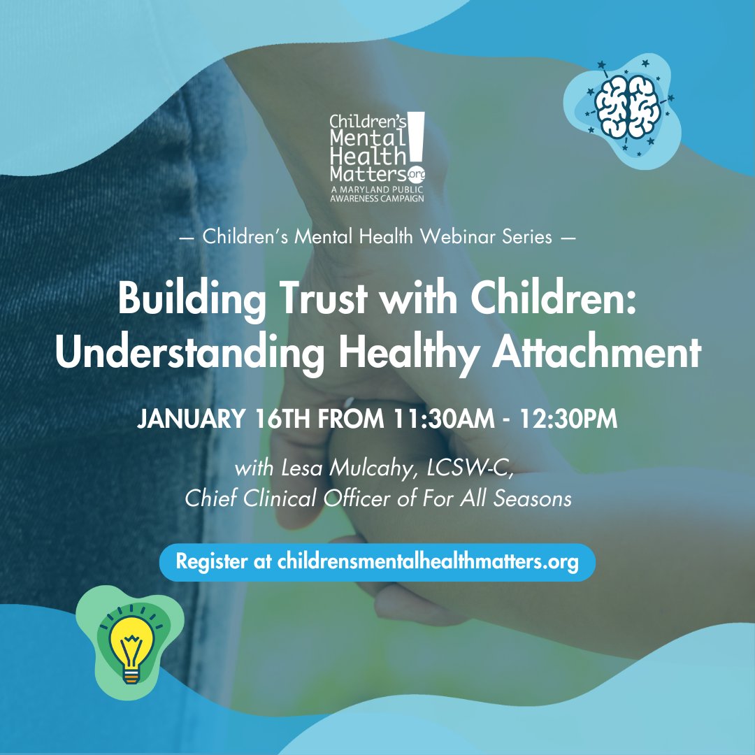 ChildrensMHM's tweet image. CMHM Presents &quot;Building Trust with Children: Understanding Healthy Attachment&quot;  on January 19th! @4allseasonsinc

🔹 Time: 11:30 AM -12:30 PM
🔹 Location: Virtual
🔹 Registration: ow.ly/4HSR50UC48r 

#AttachmentTheory #ChildrensMentalHealthMatters