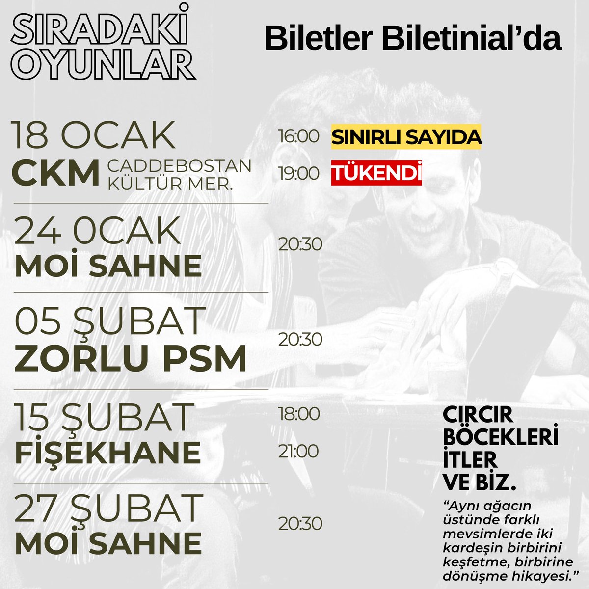 🎫 Biletler Biletinial’da!
👉🏻 biletinial.com/tr-tr/tiyatro/…

“Aynı ağacın üstünde farklı mevsimlerde iki kardeşin birbirini keşfetme, birbirine dönüşme hikayesi.”

🎭 CIRCIR BÖCEKLERİ İTLER VE BİZ.
Sam Shepard “True West”