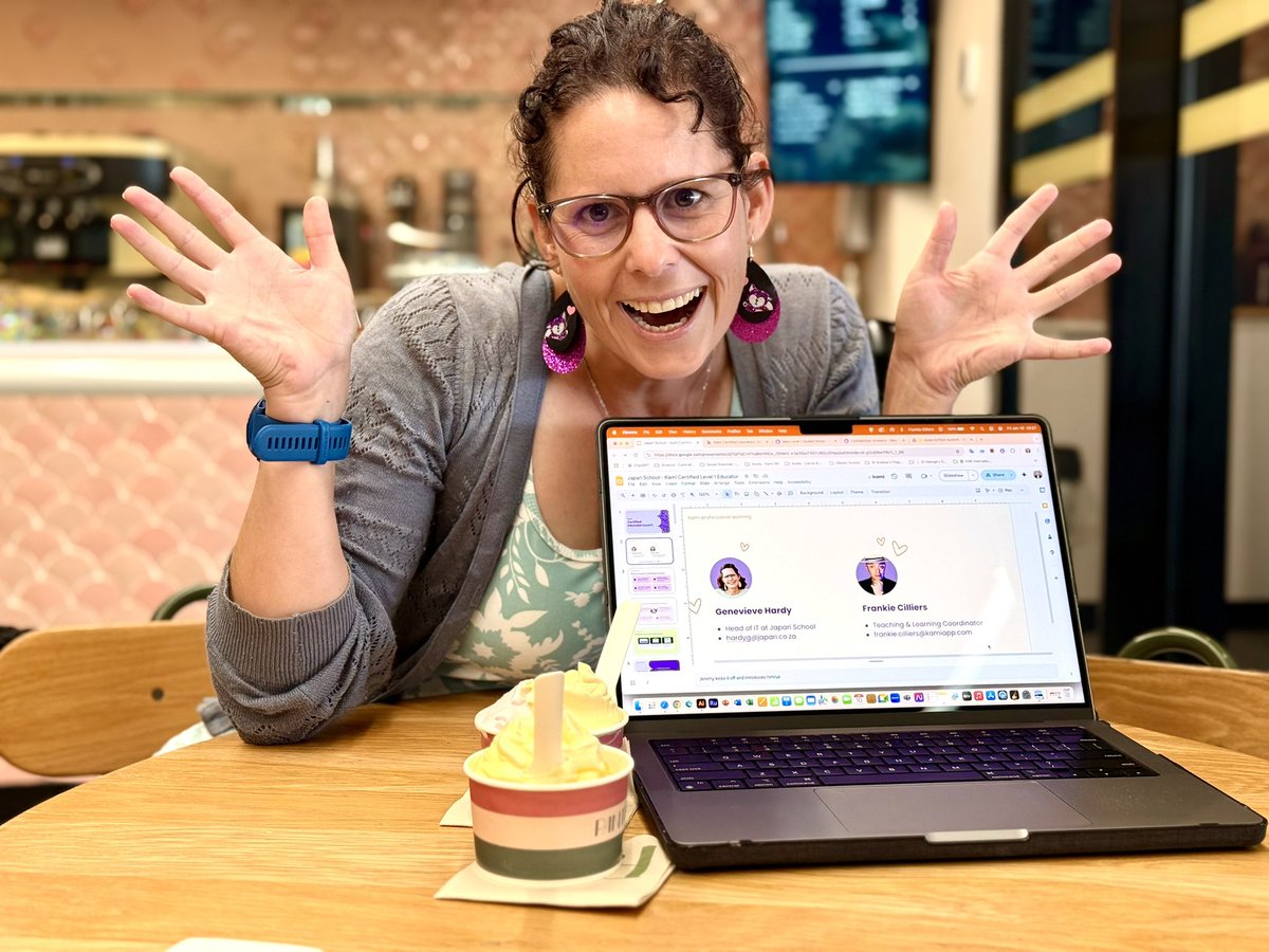 FrankieGStudio's tweet photo. What a magical way to begin a Friday! @KamiApp Certified Educator prep with the fabulous Genevieve Hardy ✅ Ice cream for breakfast? ✅ Getting all teachers at Japari School Kami Certified next week? ✅  #KamiCertified https://t.co/OACqBoWCQV
