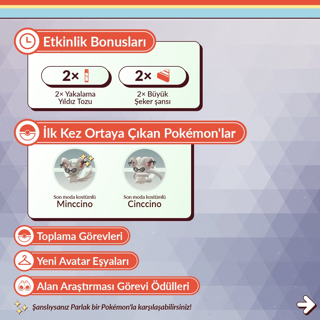 PoGo_HasanTikan's tweet image. Minccino ve Cinccino kostümleriyle ilk kez ortaya çıkacak!
Ayrıca Pokémon yakalama karşılığında 2× Yıldız Tozu, Eğitmen seviyesi 31 ve üzerindekiler için 2× şans ve diğer bonuslar da sizi bekliyor!
#Pokemon #PokemonGO #TeamGO @PokemonGoApp @PokemonGOAppTR @PokemonGOHubNet