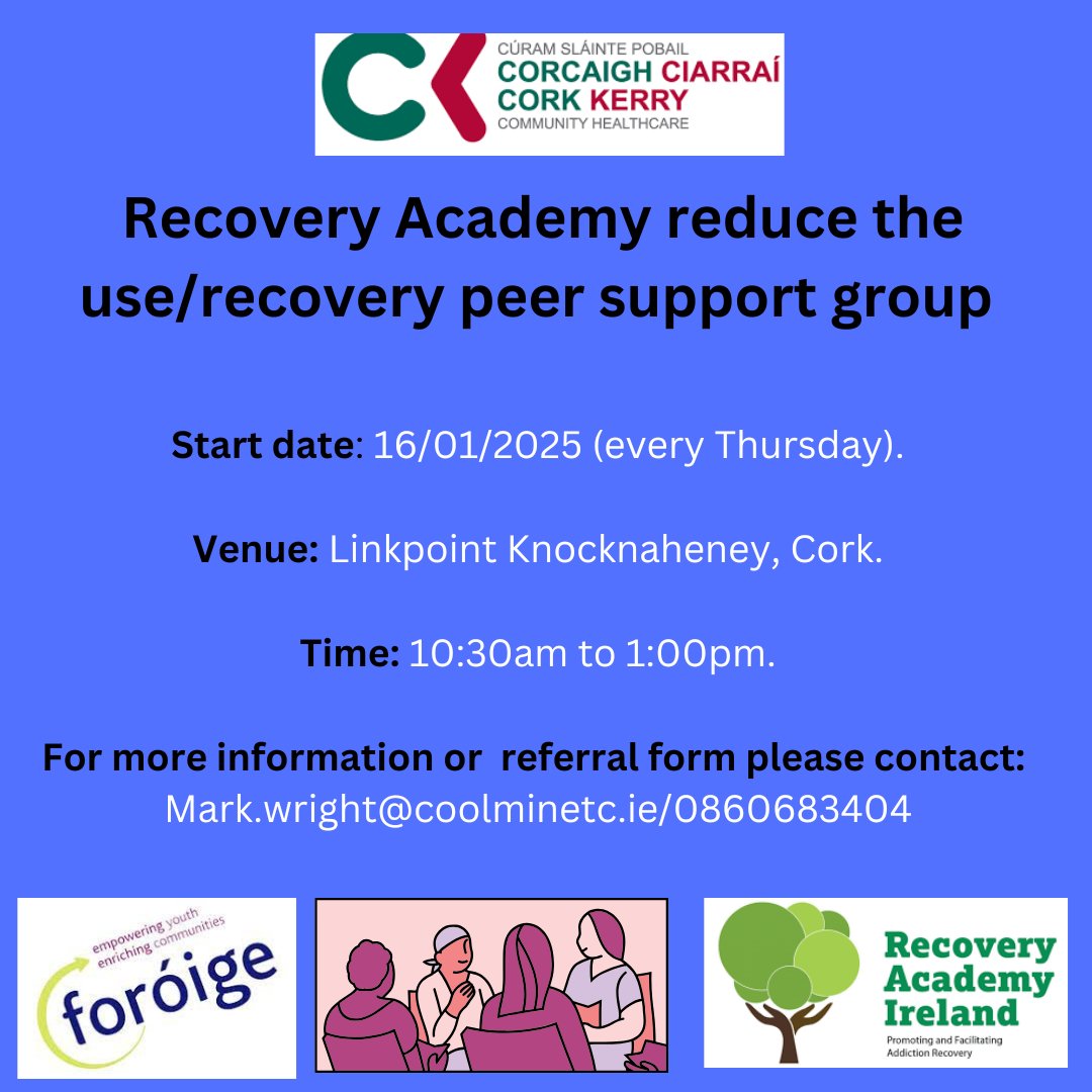 Mark Wright (@markwright087) on Twitter photo Spaces have become available for the Recovery Academy peer support group.
The peer support group will consist of a weekly check-in group, meditation, workshops, acupuncture, peer support, pro-social activities and refreshments
#recoverycapital #peersupport <a href="/cldatf/">Cork Drug & Alcohol Task Force</a> <a href="/HSE_SI/">HSE Social Inclusion</a> Spaces have become available for the Recovery Academy peer support group.
The peer support group will consist of a weekly check-in group, meditation, workshops, acupuncture, peer support, pro-social activities and refreshments
#recoverycapital #peersupport <a href="/cldatf/">Cork Drug & Alcohol Task Force</a> <a href="/HSE_SI/">HSE Social Inclusion</a>