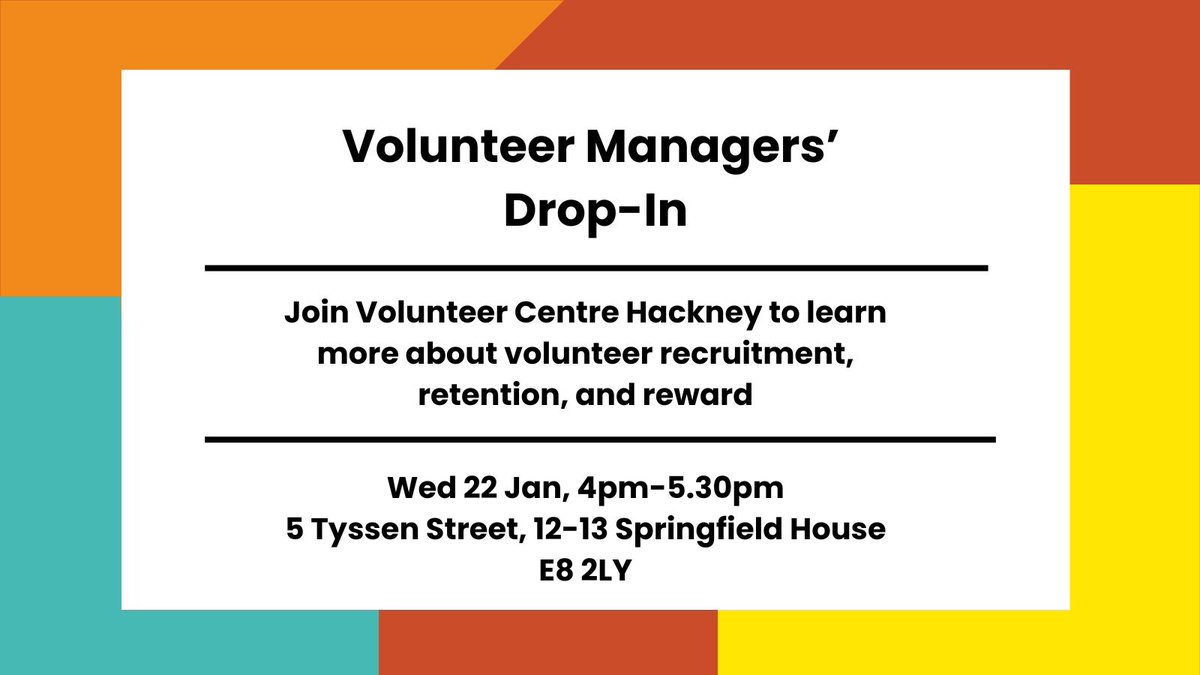 VCHackney's tweet photo. 📢 ATTN: Volunteer managers!

You’re invited to our drop-in session on Jan 22 when we’ll discuss volunteer recruitment, retention and reward.

🚀 Develop insight
🤝🏻 Network with volunteer managers

Register your interest https://t.co/yvUyZ1h5cB

#Volunteers #volunteerhackney https://t.co/cWgOk4MlY6