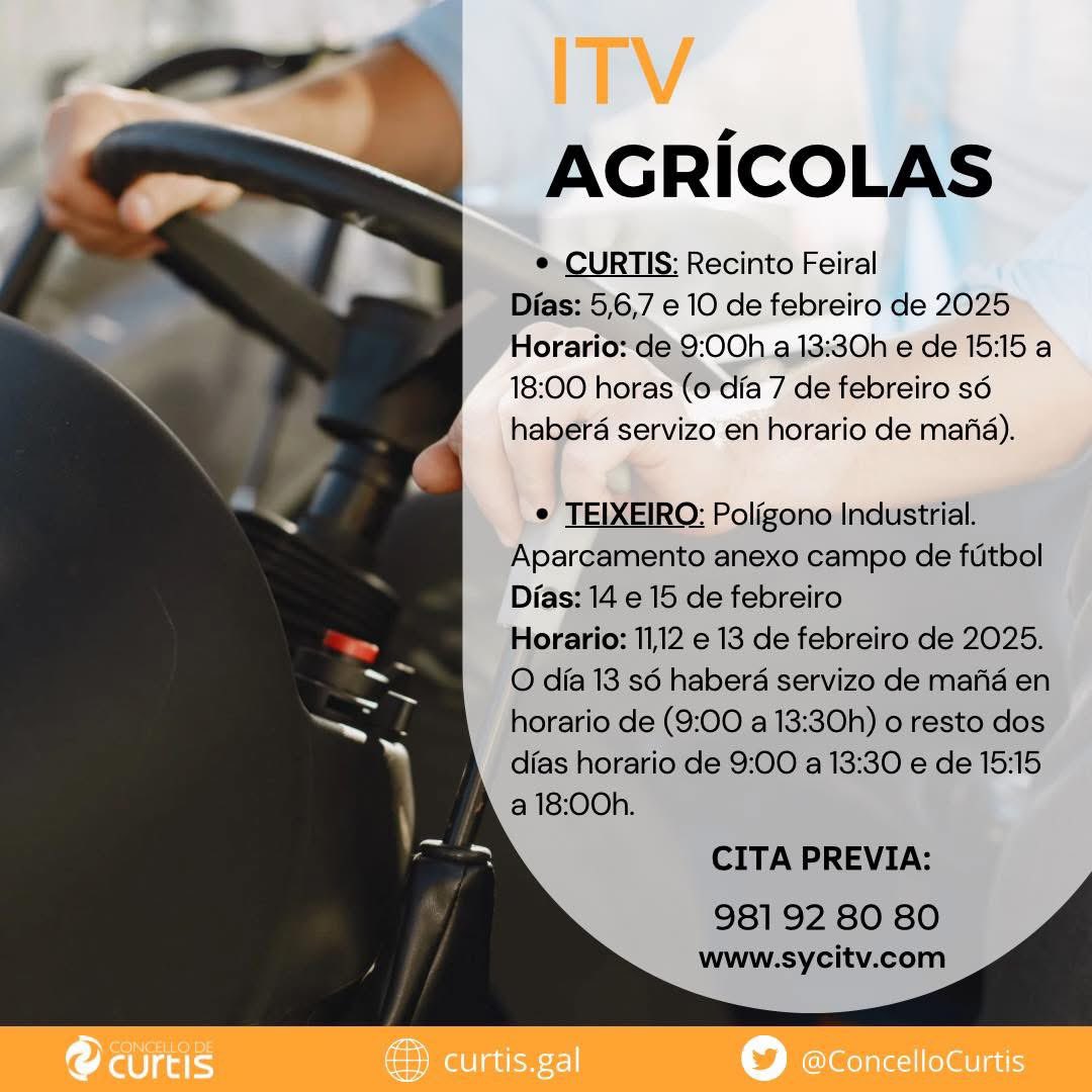 📣Atención! ITV de ciclomotores e vehículos agrícolas en febreiro! 

🗓️Pódese solicitar a cita chamando ao 981 92 80 80 ou a través de sycitv.com/es/cita-previa… 

Aquí che deixamos toda a información 👇