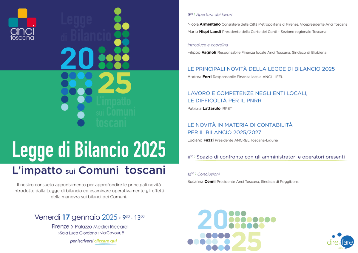 AnciToscana's tweet photo. #Legge di #Bilancio, venerdì 17 gennaio dalle 9.30 si terrà a Firenze, presso la Sala Giordano di Palazzo Medici Riccardi (via Cavour, 9), un incontro per confrontarsi sulle novità introdotte dalla manovra e sull'impatto sui Comuni toscani

➡️ Iscrizioni https://t.co/MpLf7oVkjb https://t.co/LPdhkkMouW