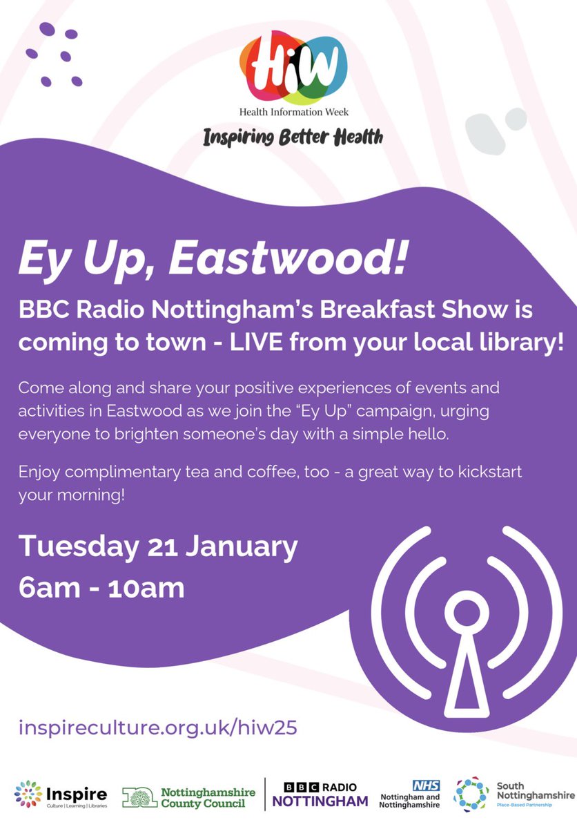 For anyone who is an early riser <a href="/BBCNottingham/">BBC Nottingham</a> radio breakfast show is coming to Eastwood library on 21 st January. Please go along to the library and join them for a cuppa