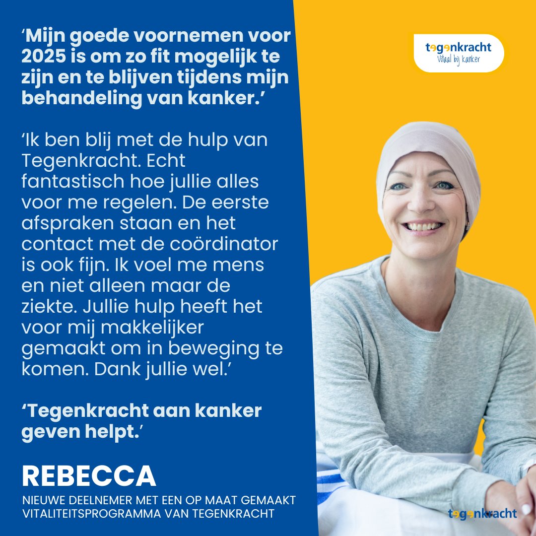 Dat is een mooi voornemen van deze nieuwe deelnemer aan een op maat gemaakt vitaliteitsprogramma van Tegenkracht. Ons goede voornemen is om zoveel mogelijk mensen met kanker te helpen met het geven van Tegenkracht aan kanker.

Wil je meer weten? tegenkracht.nl/ik-ben-patient…
