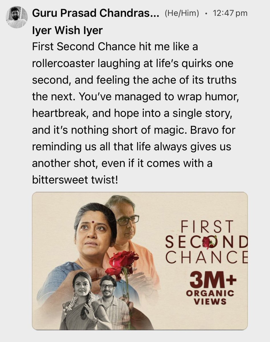 LakshmiRIyer's tweet photo. This is what keeps me going 🙏✨
Thank you 🎬 #FirstSecondChance reviews ✨
Big heartfelt thank you to my cast and crew @renukash @ananthmahadevan @Devoleena_23 @mrcthevar https://t.co/DdrfRj1XB1