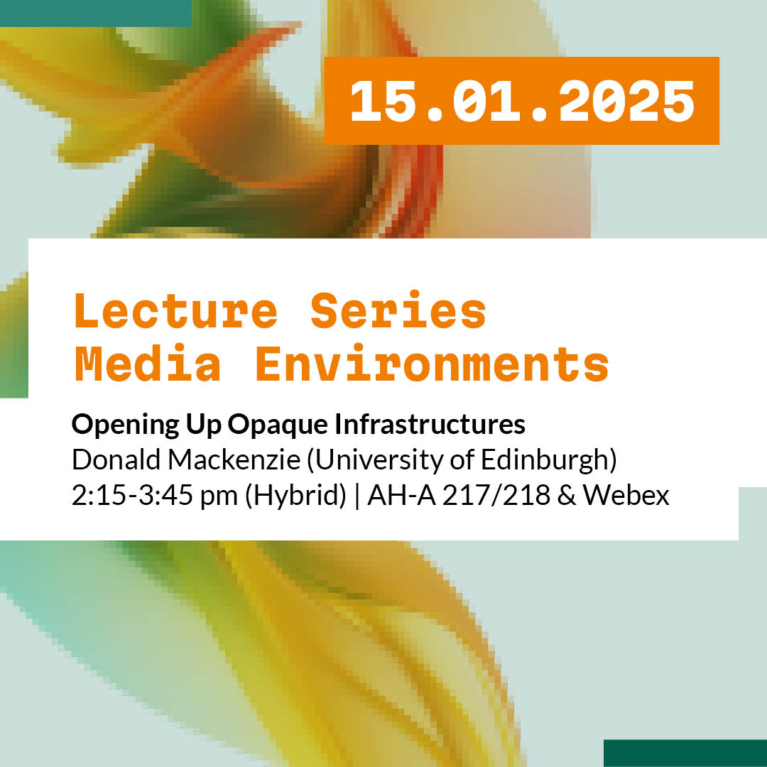 📢 new date: On Wednesday Donald Mackenzie will talk about “Opening Up Opaque Infrastructures” as part of our Media Environments lecture series. Join us online!
👉 info &amp; registration: mediacoop.uni-siegen.de/de/media-env/
#surveillance, #mediastudies, #adtech #platforms