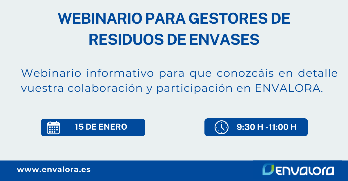 Envalora_es's tweet photo. Nuevo #Webinario dirigido a gestores de #residuos de #envases para que conozcan en detalle su colaboración y participación en nuestro #SCRAP #ENVALORA.
Próximo miércoles 15 de enero a las 09:30 horas.
Información y registro aquí https://t.co/OR07QWH59F
#RAP #embalajes https://t.co/KFVntCnp7K
