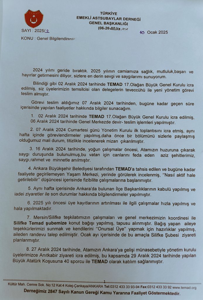 temadankara's tweet photo. TEMAD Türkiye Emekli Astsubaylar Derneği Genel Başkanlığı'nın 07 Aralık 2024- 09 Ocak 2025 tarihleri arasında yapılan , planlanan faaliyetleri ile ilgili bilgilendirme notu yayınlanmıştır https://t.co/wDhtwCZctK