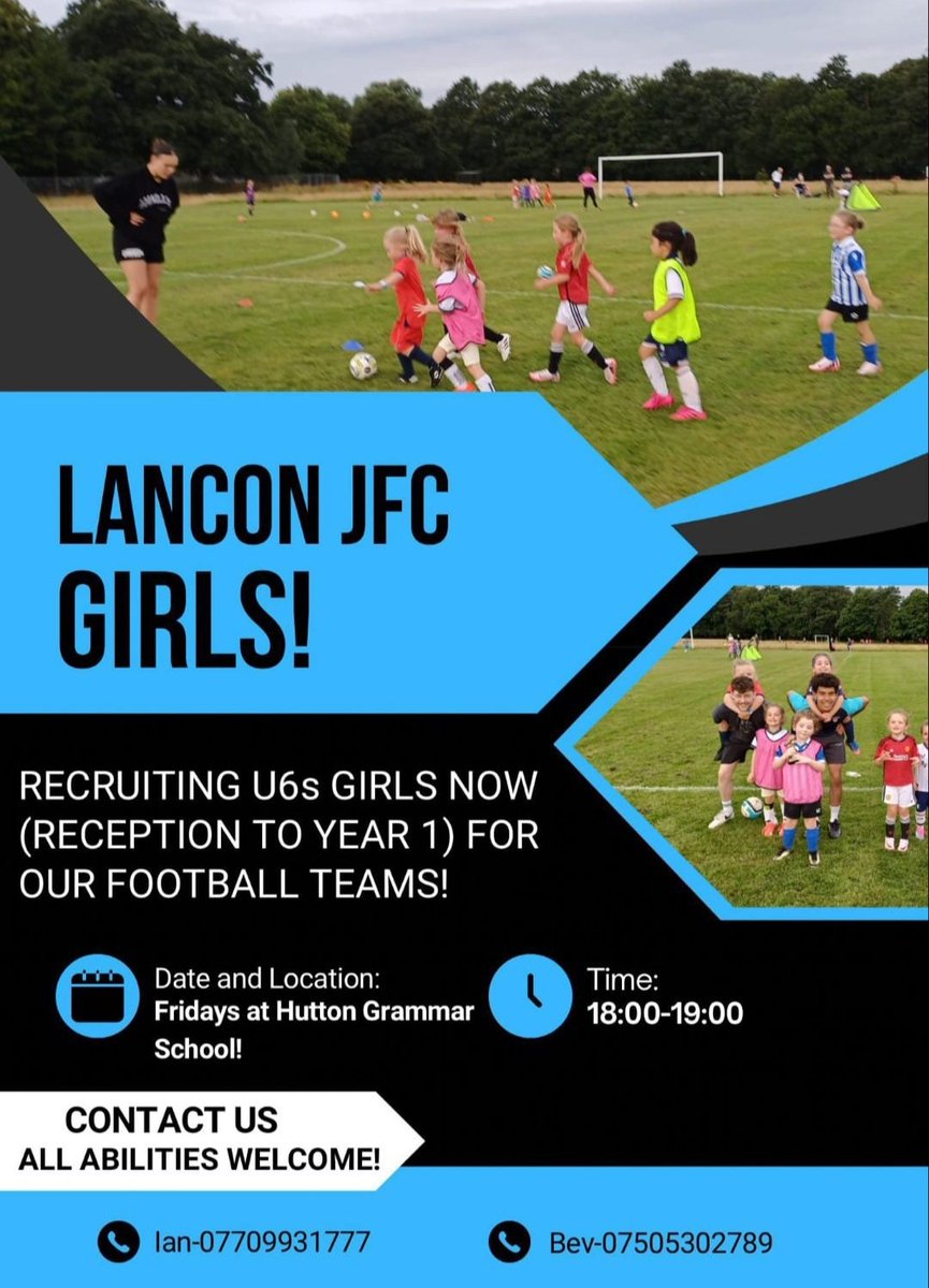 ⚽️Girls wanted⚽️

Girls in Reception and school year 1.

Come and join us if you would like to try football, want to have lots of fun and make fabulous new friends!!
⚽️⚽️⚽️
<a href="/JfcLancon/">Lancon JFC</a>
<a href="/LancashireFA/">Lancashire FA</a>
<a href="/mlcjfl/">Mid Lancs Colts JFL</a>
<a href="/PdplGirls/">PDPL Girls</a>
#girlsfootball 
#lanconforlife