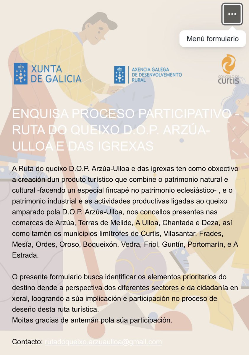 📣ENQUISA PROCESO PARTICIPATIVO - RUTA DO QUEIXO D.O.P. ARZÚA-ULLOA E DAS IGREXAS

Podes participar cubrindo o seguinte formulario 👇

forms.office.com/e/kaSDW0FbrE