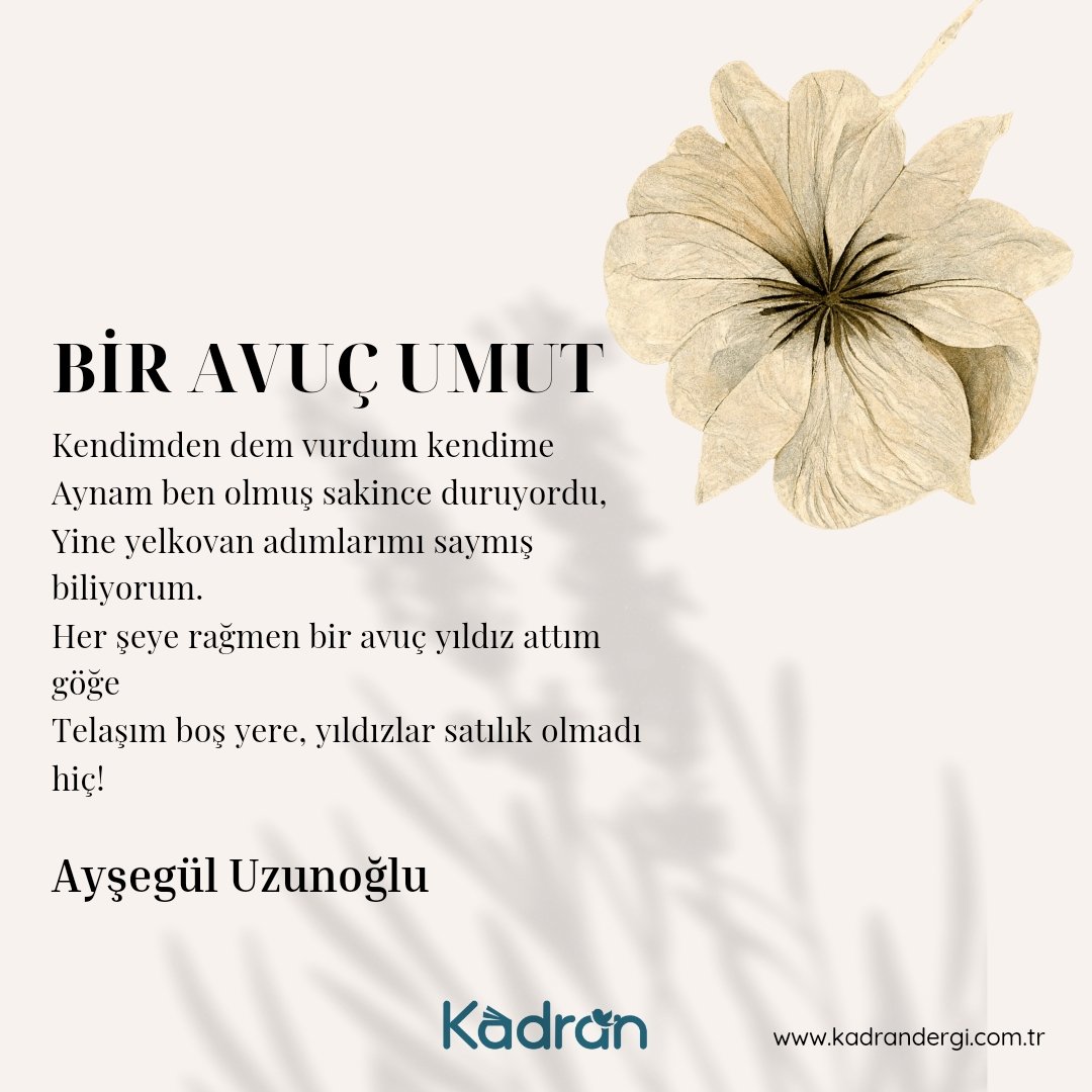 kadrandergi's tweet photo. Ayşegül Uzunoğlu - Bir Avuç Umut

| Kasım-Aralık 2024/ Dize

(https://t.co/h5rTTIhKm0)

#kadrandergi #dergi #kültür #sanat #edebiyat #kasım #aralık https://t.co/54o9hSgT2I
