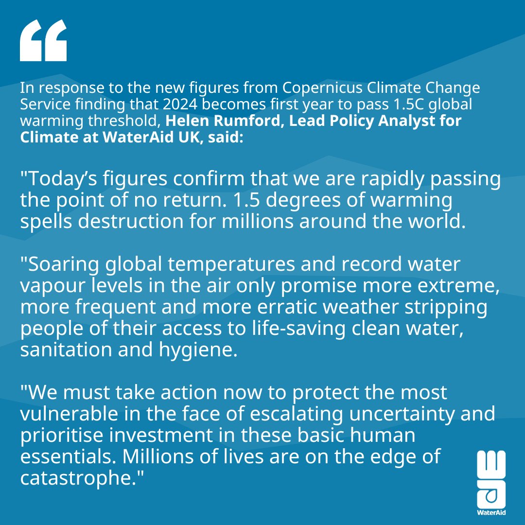 ❗️"We are rapidly passing the point of no return," Helen Rumford, Lead Policy Analyst for Climate at WaterAid UK, said in respond to 2024 passing the 1.5C global warming threshold. 

Read our response below 👇